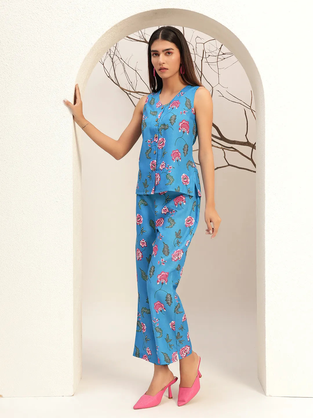 Printed with V-Neck Causal Tunic & Trouser With Waistcoat Co-Ords